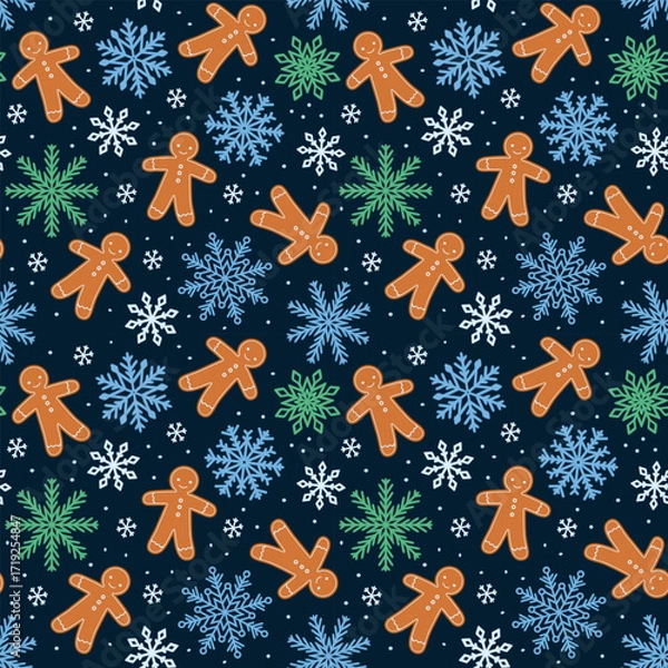 Obraz Christmas Gingerbread Man and Winter Snowflakes Seamless Pattern on Dark Blue Background