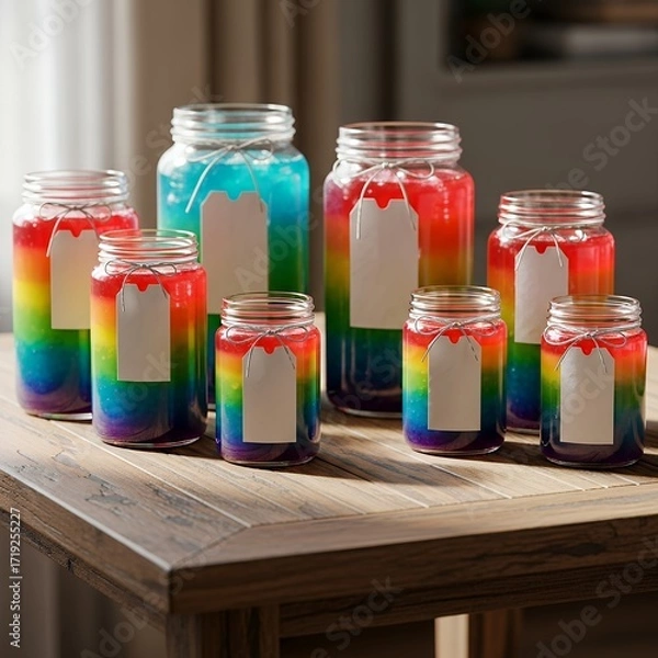 Fototapeta Colorful Layered Jars with Blank Tags on Wooden Table, Rainbow Gradient