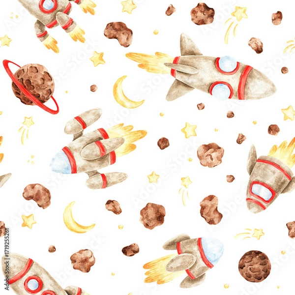 Fototapeta Seamless watercolor pattern with rockets, stars, and planets. Light background with flying spaceships and space debris. Whimsical and playful. Great for children’s products.