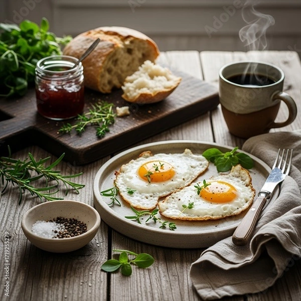Fototapeta Hearty Rustic Breakfast with Fried Eggs, Fresh Bread, Coffee, and Jam