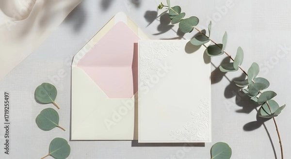 Fototapeta Blank White Invitation Card with Pink Lined Envelope and Eucalyptus Decor