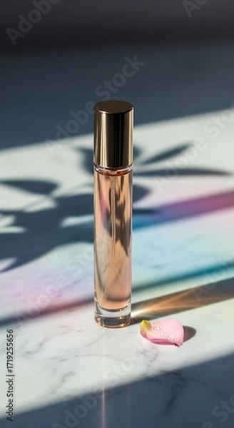 Fototapeta Elegant Perfume Bottle on Marble Surface with Colorful Light and Rose Petal