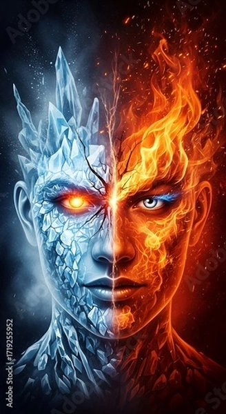 Fototapeta Striking Digital Art of Face Split Between Ice and Fire, Contrast and Emotion