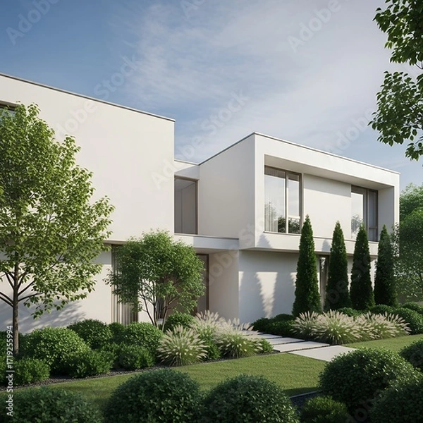 Fototapeta Modern White Minimalist House with Lush Green Lawn and Landscaping