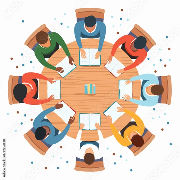 Fototapeta Round Table Discussion: Overhead view of a diverse group engaged in a business discussion around a circular table, symbols representing communication, teamwork, and idea exchange.