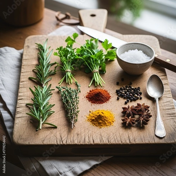 Fototapeta Overhead of Fresh Herbs and Colorful Spices on Rustic Wooden Cutting Board