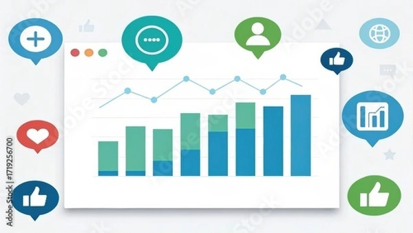 Fototapeta Micro Influencer Marketing Digital analytics dashboard with graphs and social media icons illustrating engagement metrics.