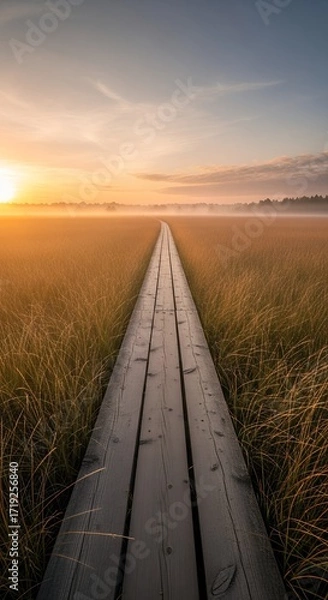 Fototapeta Serene Wooden Boardwalk Path Through Misty Golden Grass Field at Sunrise