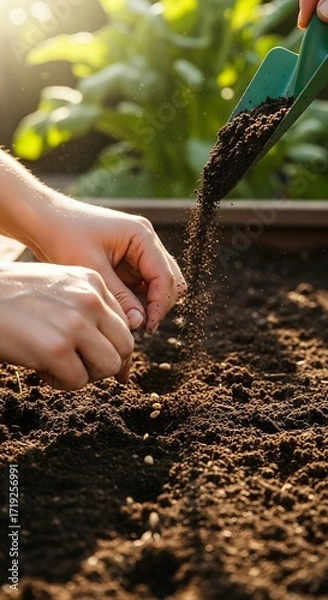 Fototapeta Hands Sowing Seeds into Rich Soil in a Garden Bed with Trowel and Sunlight