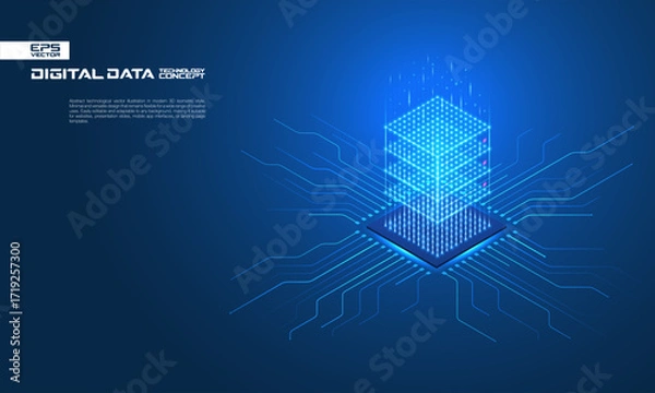 Fototapeta Isometric data cloud server built from a chip on a circuit. AI technology, network, and computer system. Futuristic digital center concept. Storage, database, business, internet cyber security design.
