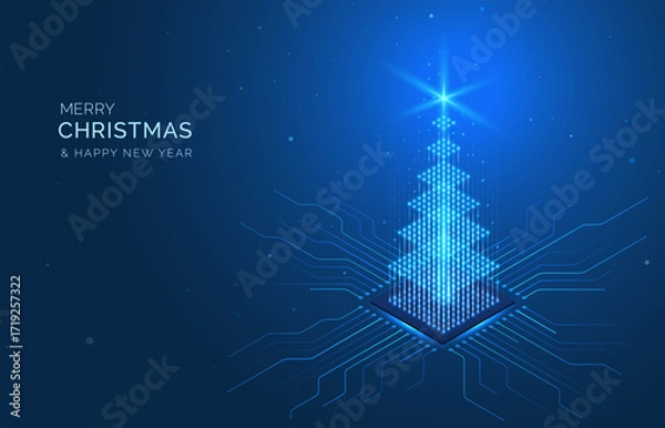 Fototapeta Isometric AI technology Christmas tree in a glowing digital 3D background. Circuit board, data chip, IT computer network concept. Futuristic xmas design concept for holiday card, new year celebration
