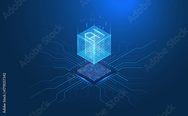 Fototapeta Futuristic AI 3D cube in isometric projection. Glowing chip. circuit board, data processor. Abstract digital background. Machine learning, computer network, artificial intelligence technology concept.