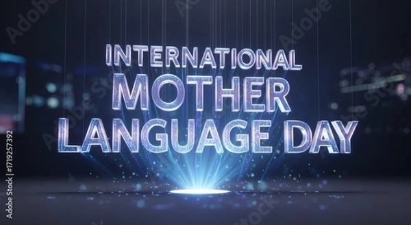 Obraz Cinematic 3D glass letters spelling “International Mother Language Day” with holographic alphabets. Futuristic mood