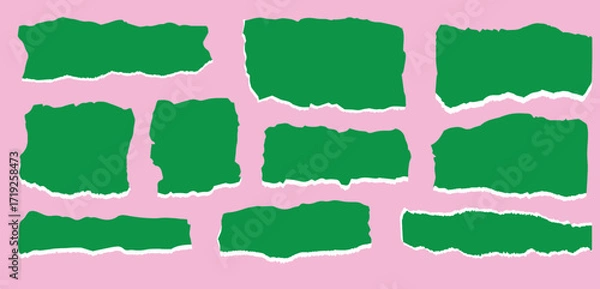 Fototapeta Green torn paper pieces are scattered randomly on a pink background with a transparent surface