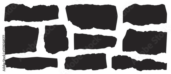 Fototapeta Jagged black stone bricks are assembled to create a simple rough monochrome wall over transparent background