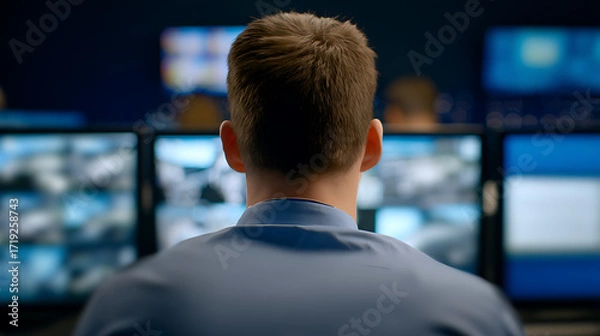 Obraz Man viewing multiple computer monitors in a control room setting