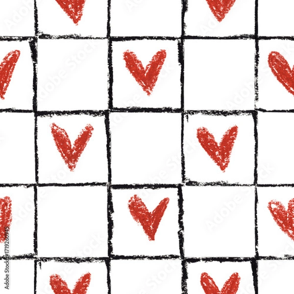 Fototapeta Seamless pattern with red hearts in a hand-drawn grid. Oil pastel texture. Playful and rustic design. Cute Valentine style.