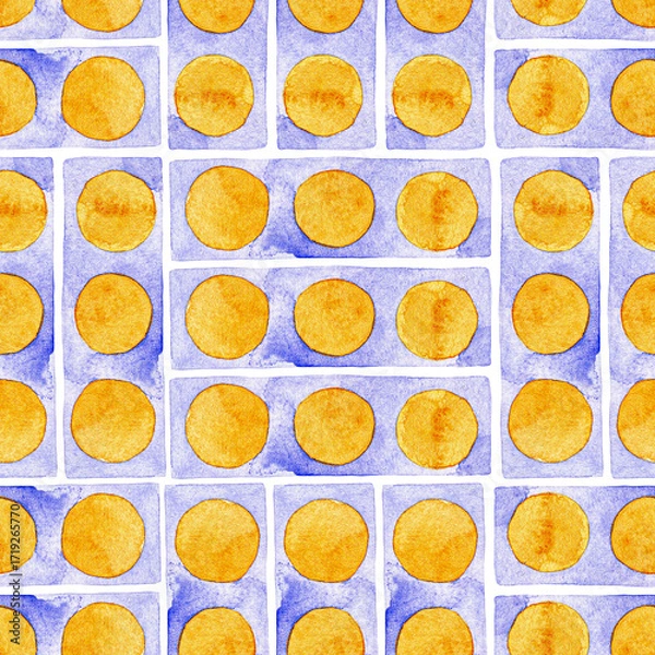Fototapeta Playful watercolor pattern. Yellow orange circles on blue background. Soft handmade texture. Seamless abstract design.