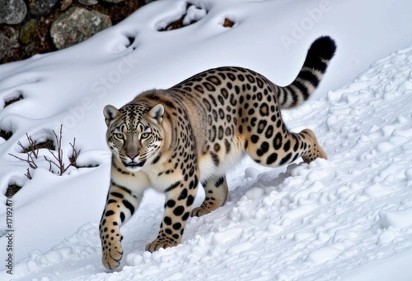 Fototapeta Majestic Snow Leopard Gracefully Traverses Pristine Snow-Covered Landscape, Showcasing Its Distinctive Spotted Coat and Graceful Gait in a Captivating Frozen Habitat