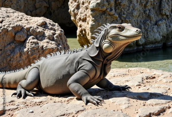 Fototapeta Magnificent Iguana Basking in the Sun on Rocky Terrain with Textured Skin and Prominent Spines in a Serene Natural Habitat Near a Calm Water Body