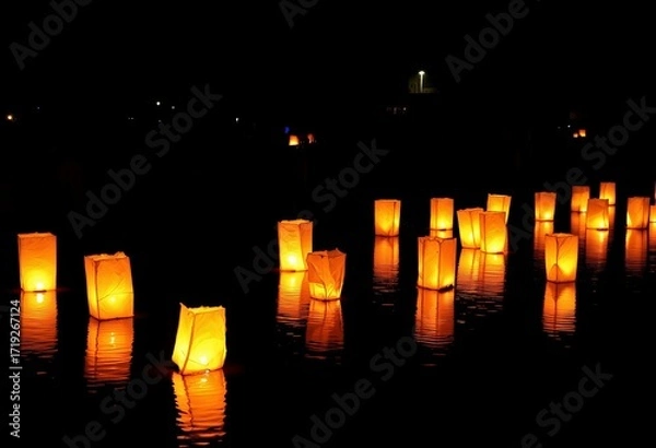 Fototapeta Illuminated Floating Lanterns Reflecting Warm Glow on Calm Water Surface During Peaceful Night Festival Celebration