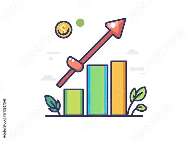 Fototapeta Colorful chart with rising arrow, money, and nature elements