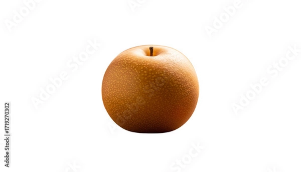 Fototapeta A single, fresh nashi pear, also known as an Asian pear, on a clean white background. Its golden-brown speckled skin and round shape promise a crisp, juicy, and healthy refreshment