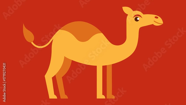 Fototapeta A vibrant orange camel with brown details, drawn on a solid red background. This illustration is perfect for projects requiring an Oriental, African, or desert theme
