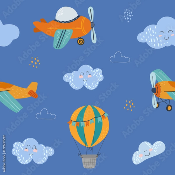 Fototapeta Seamless pattern kids, aircraft, and clouds. Suitable for kids backgrounds, baby textiles, and nursery wallpapers. Blue background with whimsical sky elements.