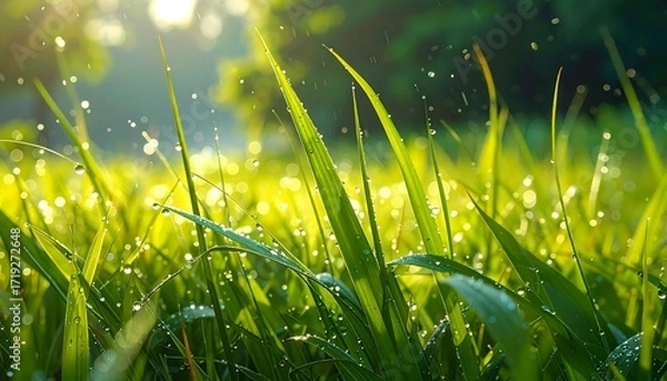 Fototapeta Lush green grass texture, bright and vibrant field