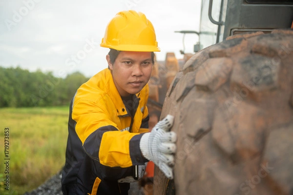 Fototapeta Construction Worker Inspecting Tire: A dedicated construction worker in a safety jacket and hard hat inspects a massive tire of a heavy machinery.