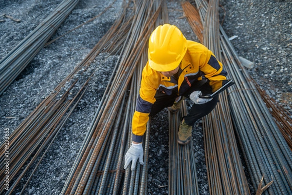 Fototapeta Steel Reinforcement Inspection: A construction worker, donned in protective gear, meticulously inspects a network of steel reinforcement bars at a construction site. Focused and dedicated.