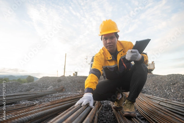 Fototapeta  An attentive construction worker, dressed in protective attire, meticulously inspects a bundle of rebar on a construction site.