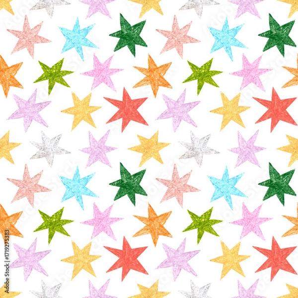 Fototapeta Seamless pattern with colorful stars. Simple hand drawn doodles. Bright abstract design. Playful decorative illustration.