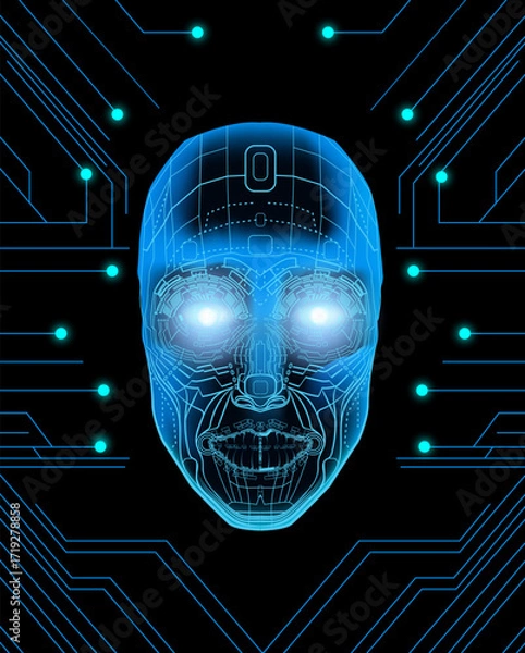 Fototapeta High-tech illustration of a blue glowing artificial intelligence face with bright eyes, digital circuits, and futuristic cyber design on black background.