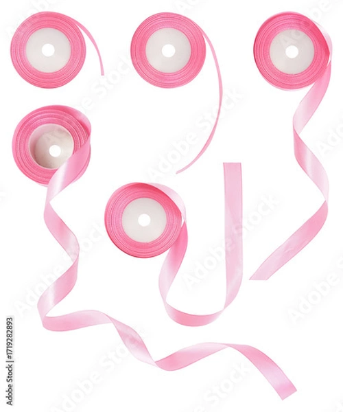Fototapeta Set collection or collage of pink ribbon spool isolated on transparent background