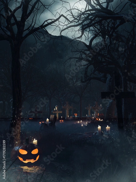 Fototapeta Spooky Halloween cemetery with pumpkins, candles, stone crosses, and large withered trees. Image made with 3d resources and painted elements. No AI used.