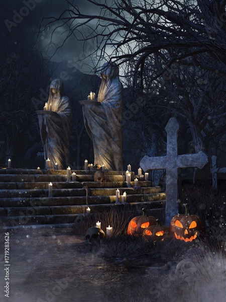 Fototapeta Halloween scene with stone graveyard statues, spooky withered trees and pumpkin lanterns at night. Image made with 3d resources and painted elements. No AI used.
