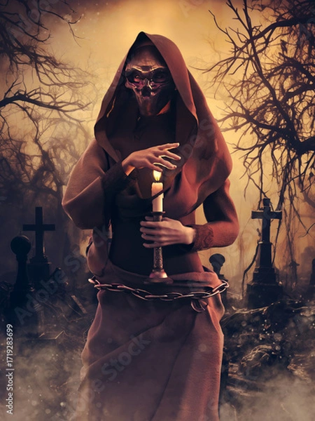 Fototapeta Woman wearing a death mask and red hooded robe, holding a candle, and standing at an old cemetery at sunset. Image made with 3d resources and painted elements. No AI used.