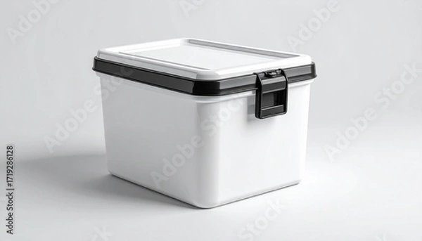 Obraz White rectangular plastic container with black top handle and front latch, designed for portable storage, isolated on transparent background.