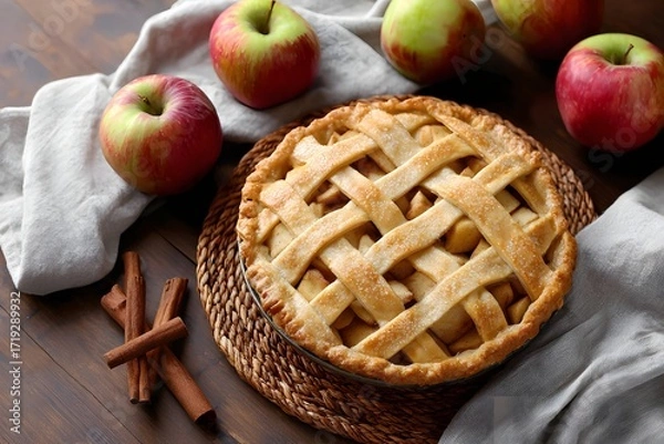 Fototapeta Freshly baked apple pie with golden lattice crust and apples Generative AI