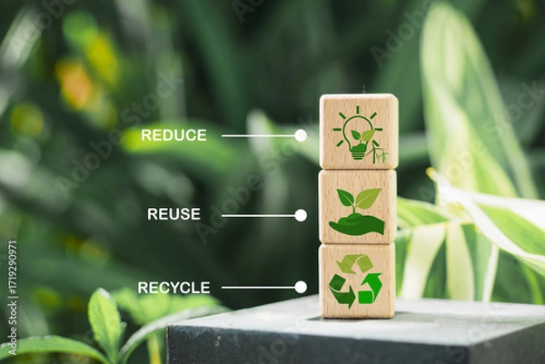 Fototapeta wooden cube block with reduce, reuse and recycle symbol with blurred green nature background for save world, environmental concept