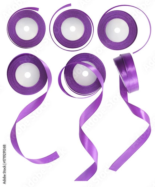 Fototapeta Set collection or collage of purple ribbon spool isolated on transparent background