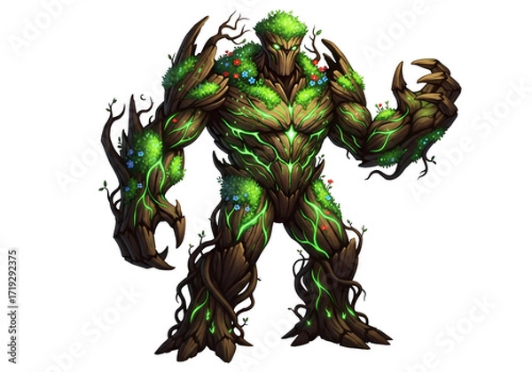 Fototapeta A powerful, arboreal creature, adorned with vibrant green flora, stands out against a stark black background.