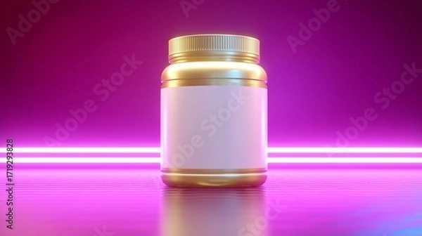 Fototapeta Premium white creatine monohydrate jar with gold metallic label on futuristic neon glow background