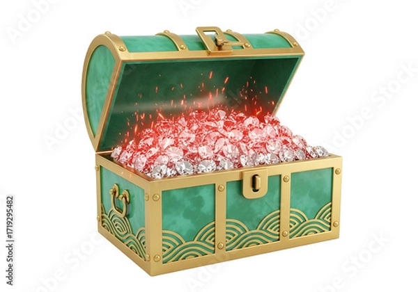 Fototapeta A jade treasure chest overflows with sparkling diamonds, illuminated by a radiant glow.