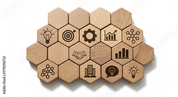Fototapeta Wooden hexagon blocks with business and innovation icons on white background