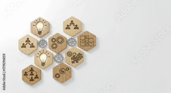 Fototapeta Minimalist wooden hexagon blocks with business and idea icons on white