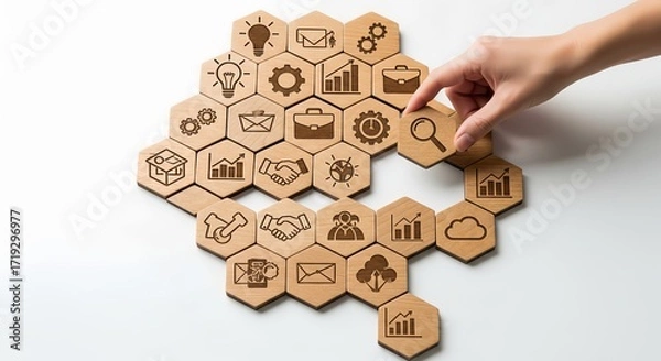Fototapeta Hand highlighting wooden hexagon block with business icon on white