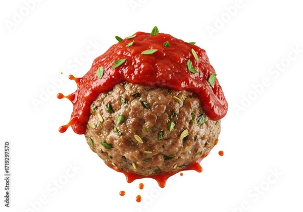 Fototapeta A meatball, generously coated in a vibrant red sauce, is highlighted against a dramatic black background.